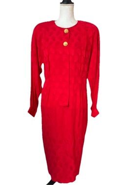 Vintage Liz Claiborne 100%Silk Red Long-Sleeve Midi Dress with Gold Buttons NWT